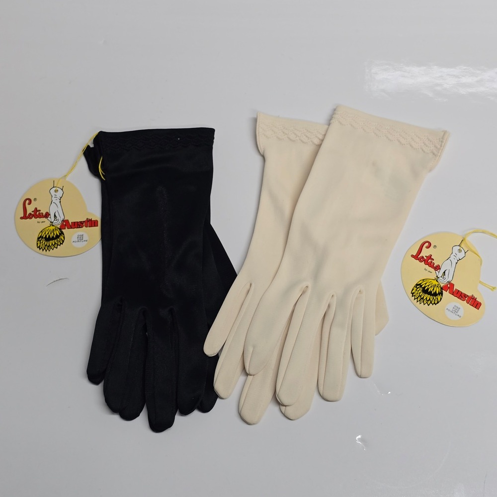 Lotus Austin Vintage Gloves Womens OS Black Cream Nylon Wrist Length 2 Pairs Mod